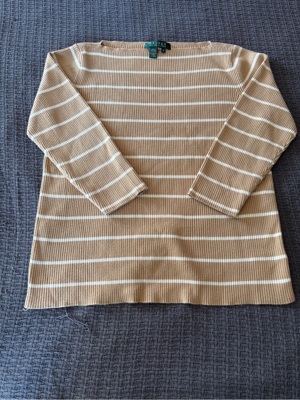 Lauren Ralph Lauren Camel & White Striped Boatneck Cotton Knit Sweater